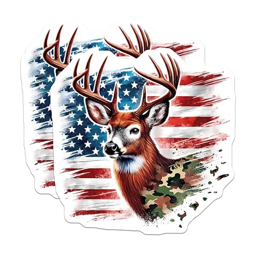 (2 Pack) Deer and American Flag Stickers - Patriotic Hunting Theme - Outdoor Adventure Decals - 5" On Longest Side - Sticks to Smooth Flat Surfaces - Made in USA - BMCS9833