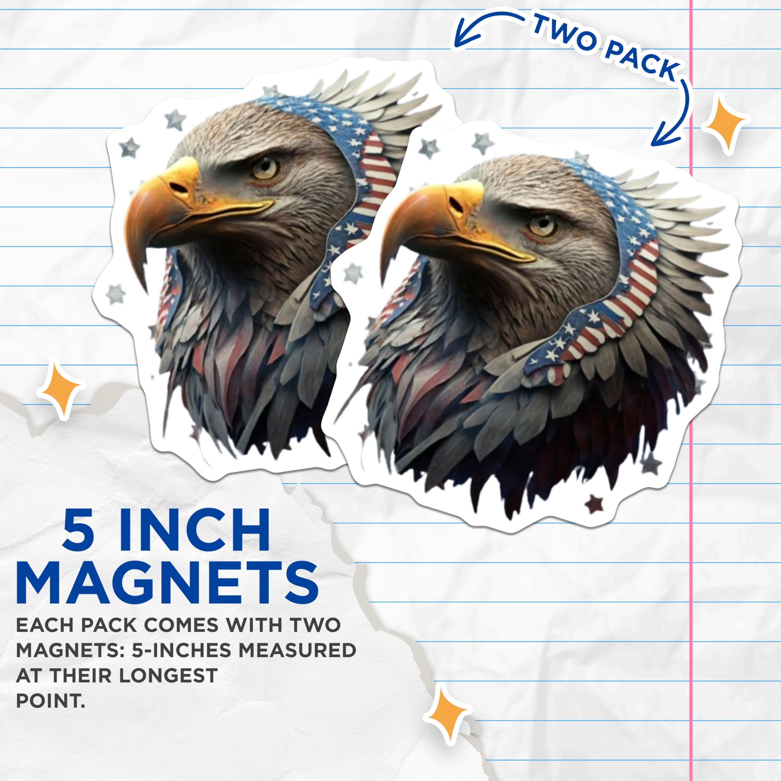 (2 Pack) American Bald Eagle Magnets - Patriotic USA Flag Bird Art - National Symbol Fridge Decoration - Independence Day - 5 Inches On Longest Side - Thick Durable Magnet - Made in USA - MAG22336
