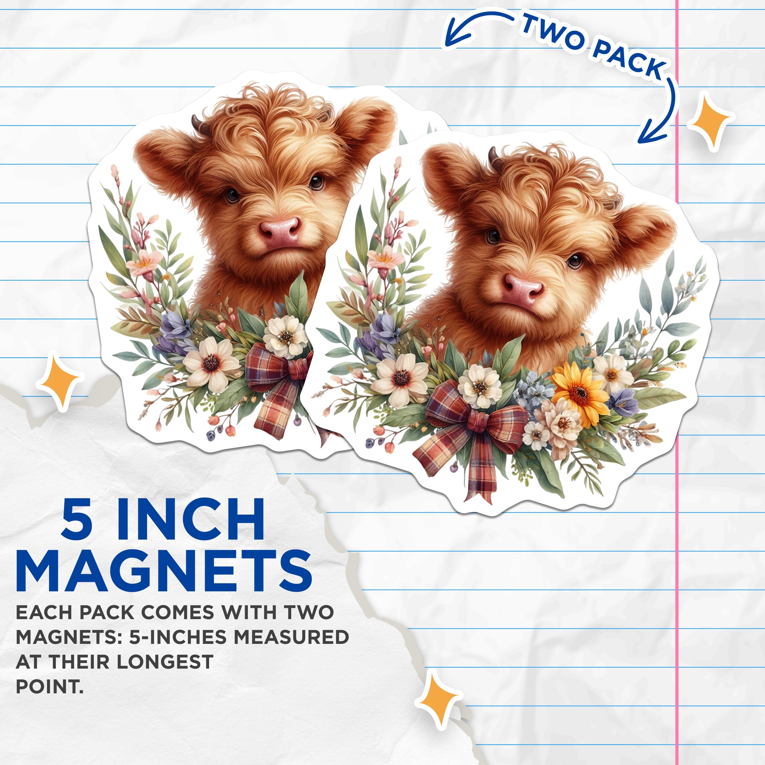 (2 Pack) Highland Cow Magnets - Cute Farmhouse Decor - Animal Lover Fridge Accent - 5 Inches On Longest Side - Thick Durable Magnet - Made in USA - MAG36351