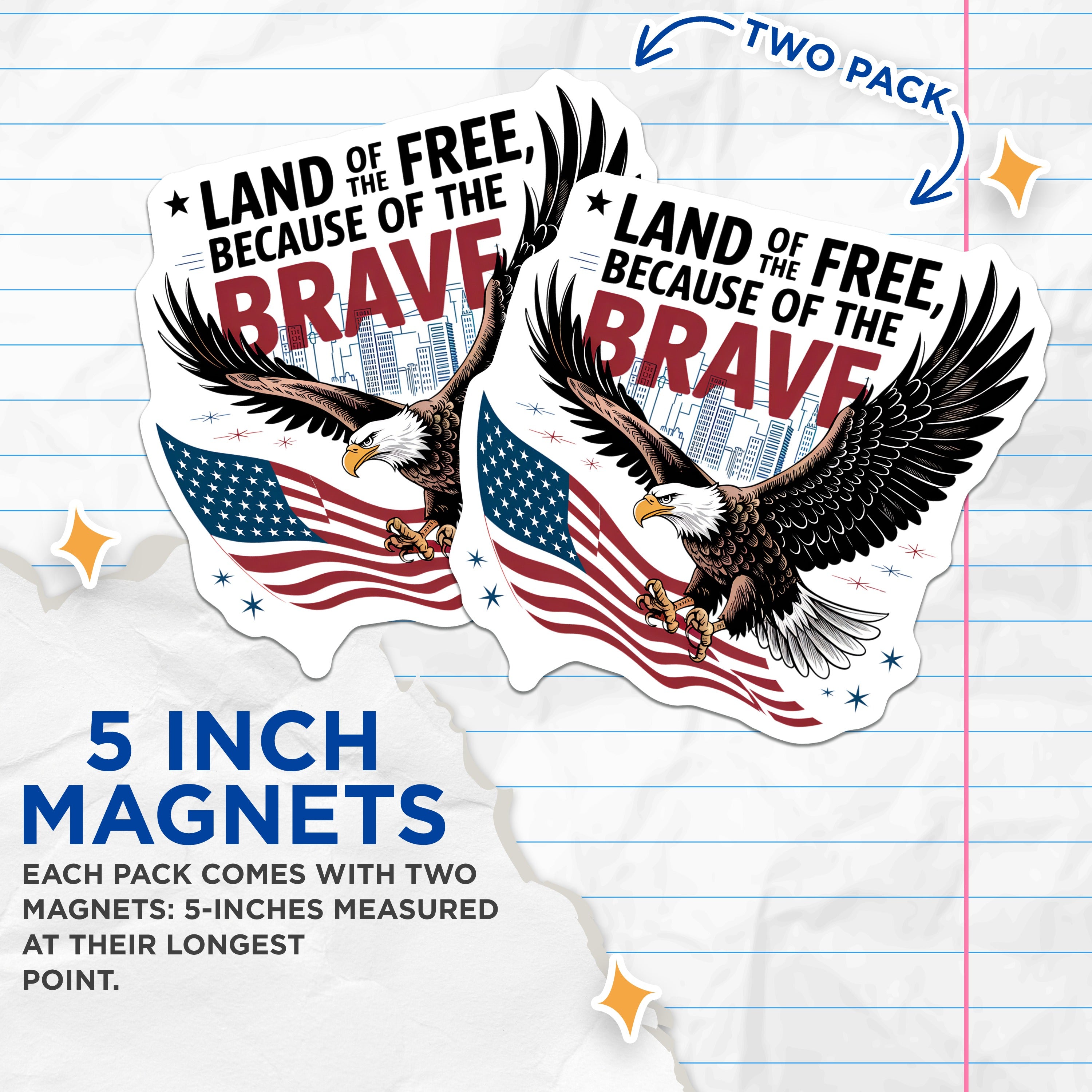 (2 Pack) Patriotic American Eagle Magnets - Land of the Free Brave USA Flag Fridge Magnets - Military Pride Decor for Veterans - 5" - Durable Magnet - Made in USA - MAG37414