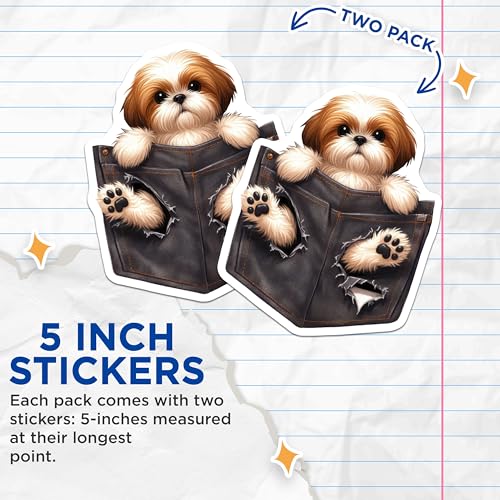 (2 Pack) Cute Dog Stickers - Pocket Puppy Decal - Adorable Pet Stickers - 5" On Longest Side - Sticks to Smooth Flat Surfaces - Made in USA - BMCS4401