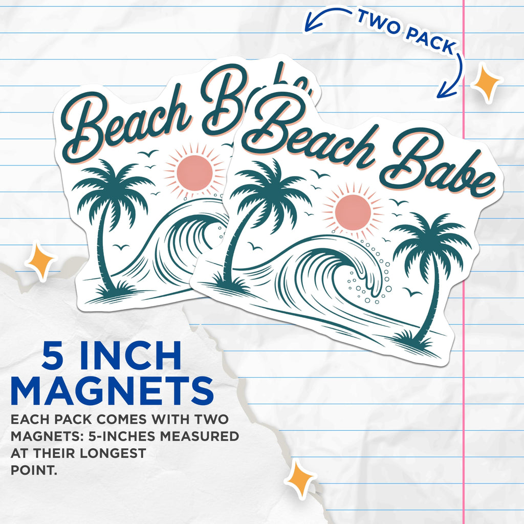 (2 Pack) Beach Babe Tropical Lifestyle Magnets - Sunny Ocean Wave Palm Tree Art - Coastal Summer Vacation Refrigerator Decor - 5 Inches On Longest Side - Thick Durable Magnet - Made in USA - MAG19317