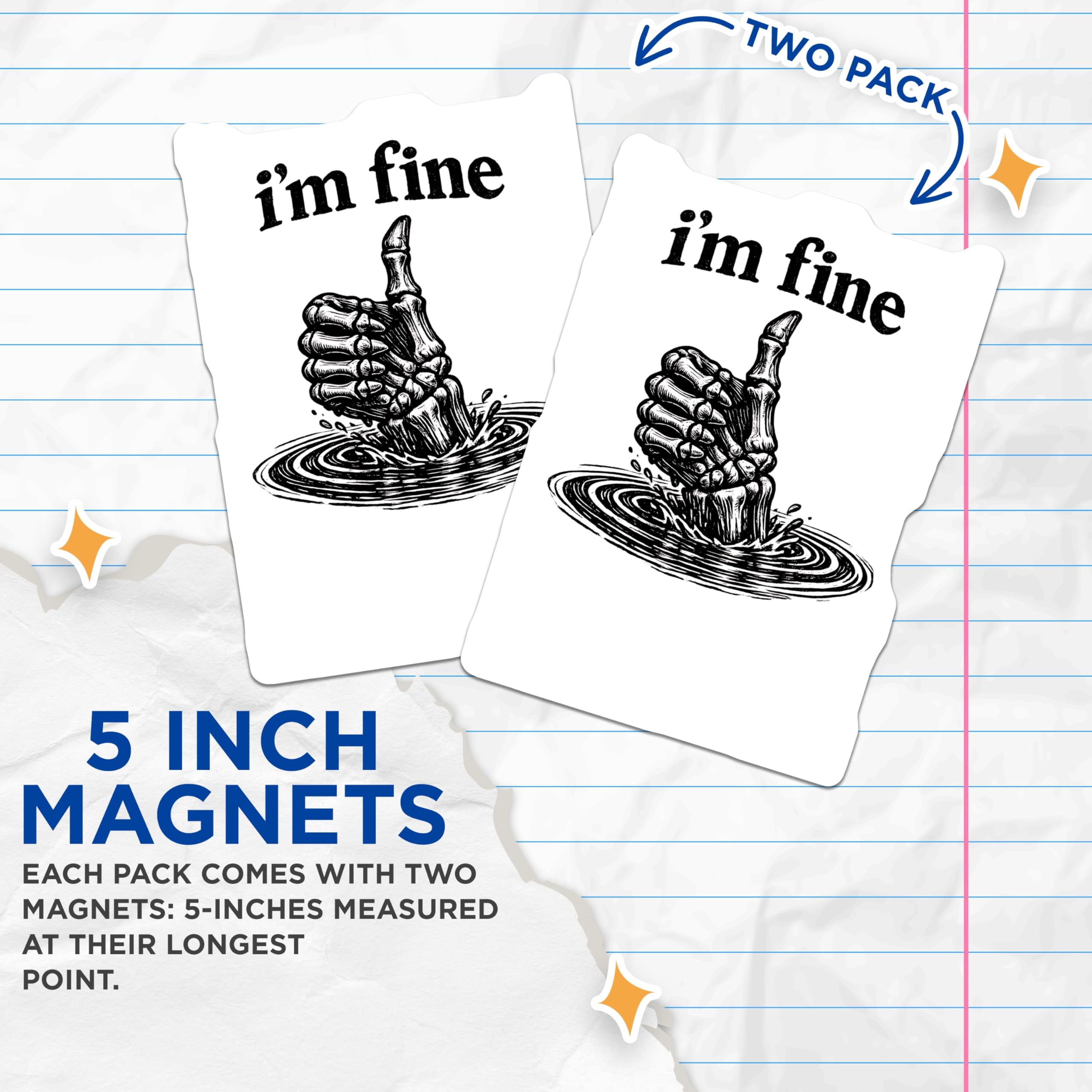 (2 Pack) Skeleton Thumbs Up Magnets - Im Fine Sarcastic Humor Magnets - Goth Dark Aesthetic Fridge Decor Display - 5 Inches On Longest Side - Thick Durable Magnet - Made in USA - MAG23093