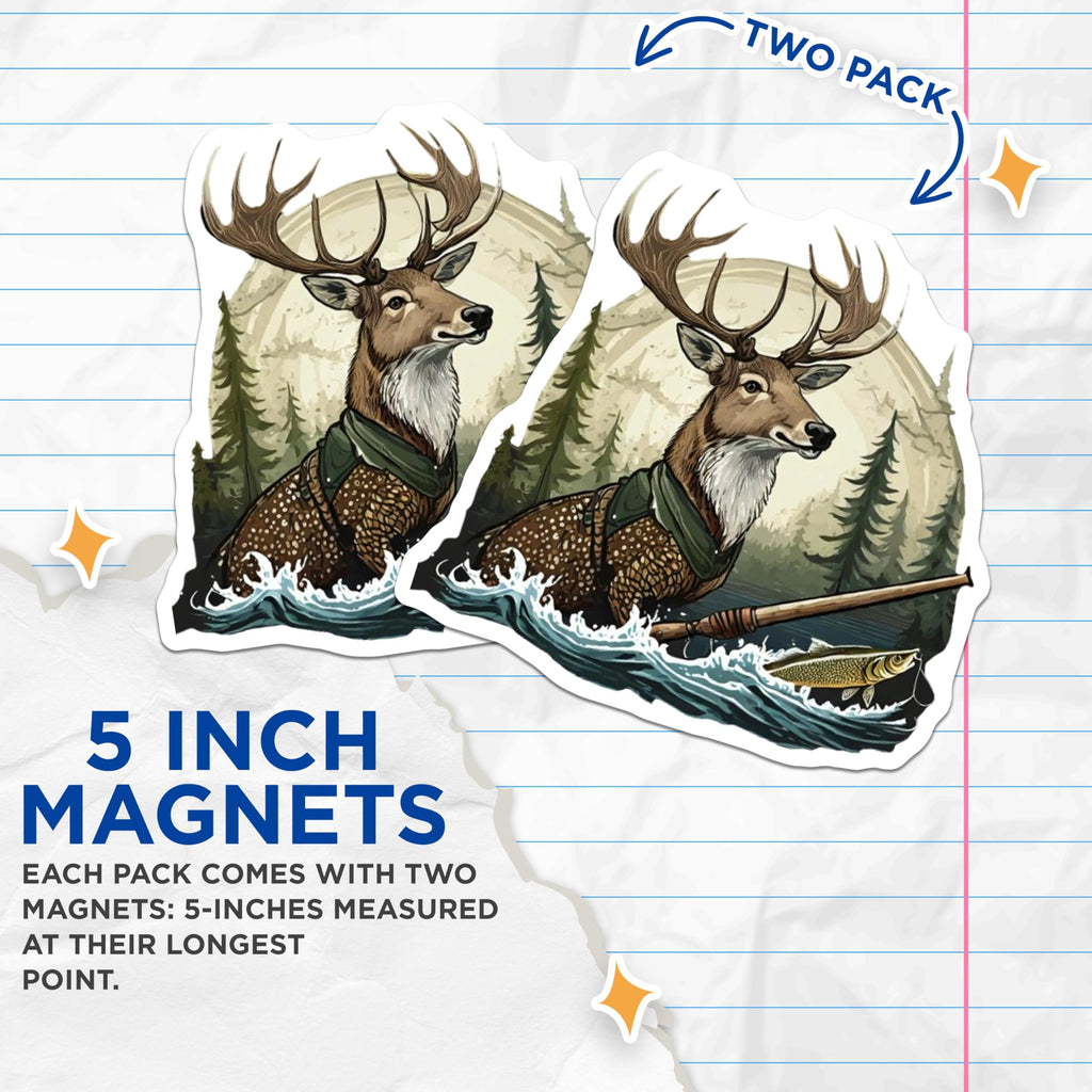 (2 Pack) Deer Fishing Magnets - Wilderness Angler Decor - Forest Wildlife Scene Art - 5 Inches On Longest Side - Thick Durable Magnet - Made in USA - MAG23195