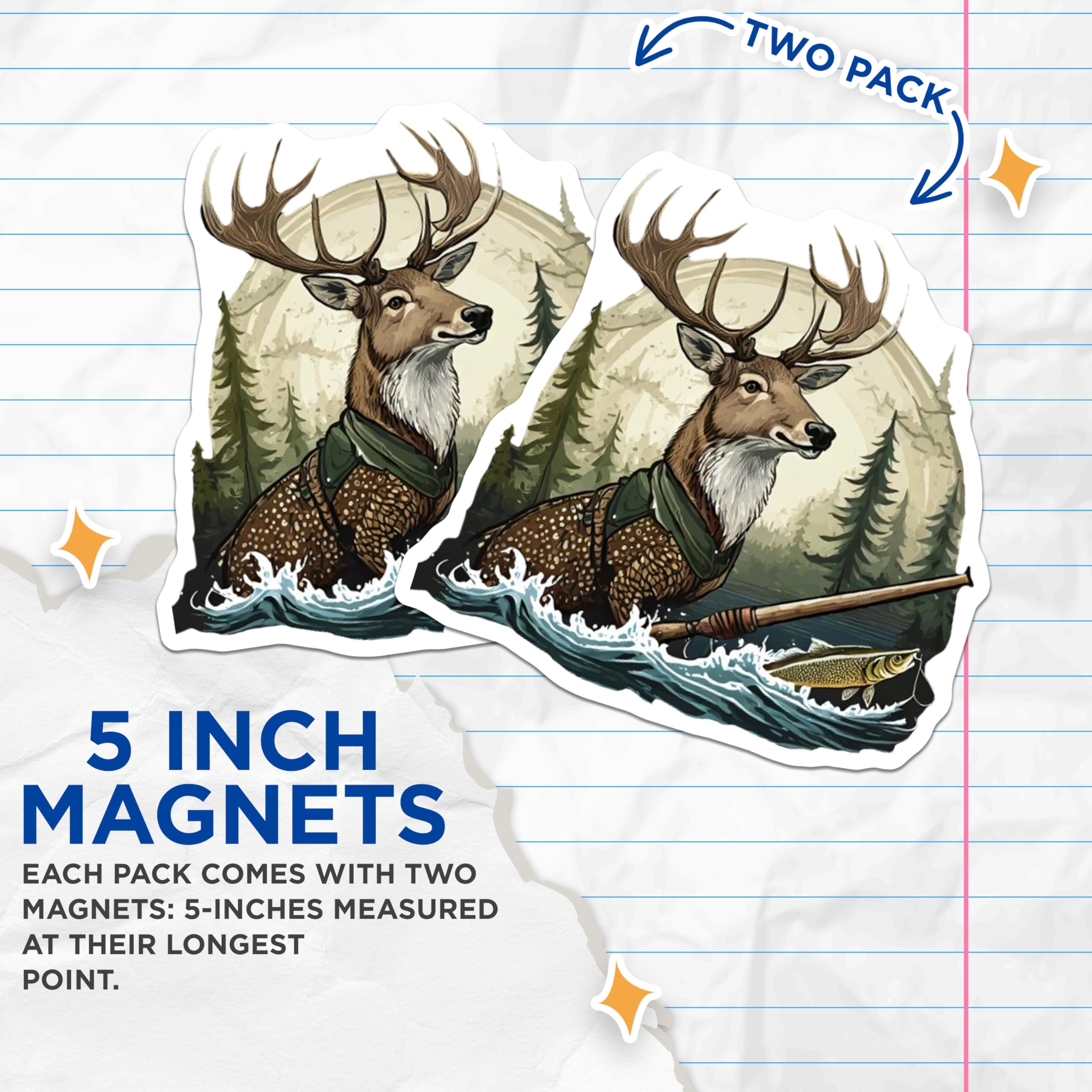 (2 Pack) Deer Fishing Magnets - Wilderness Angler Decor - Forest Wildlife Scene Art - 5 Inches On Longest Side - Thick Durable Magnet - Made in USA - MAG23195