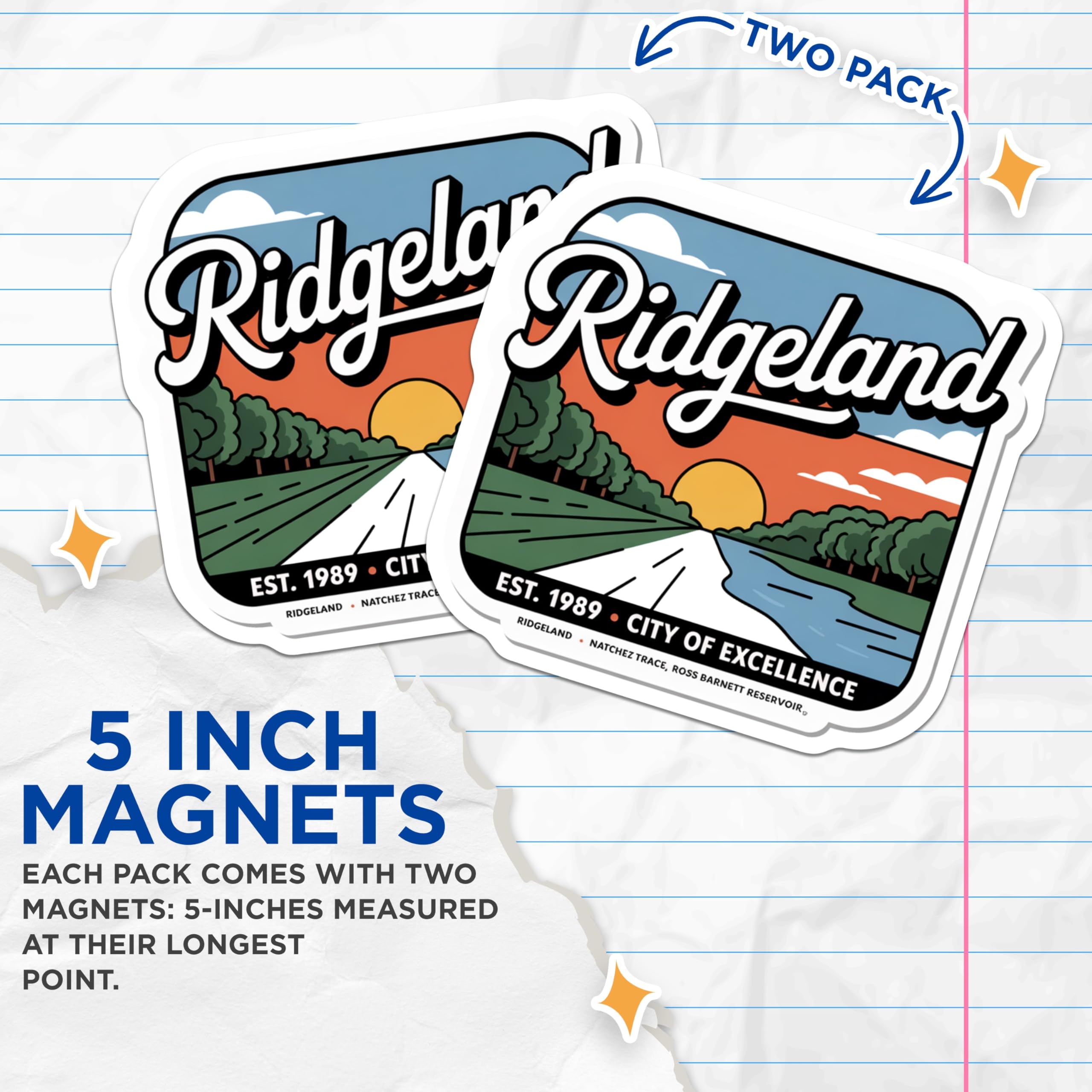 (2 Pack) Ridgeland Magnets - City of Excellence - Mississippi Souvenir - 5" On Longest Side - Premium Magnet - for Cars, Refrigerators, Toolboxes, Lockers - Made in USA - MAG18151