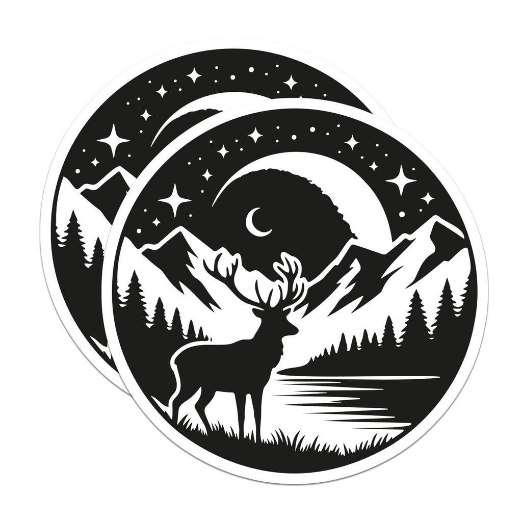 (2 Pack) Deer Silhouette Stickers - Forest Mountain Lake Night Sky - Wildlife Nature Celestial Decal - 5" On Longest Side - Sticks to Smooth Flat Surfaces - Made in USA - BMCS20901