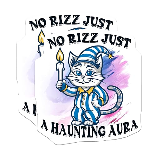(2 Pack) No Rizz Just A Haunting Aura Stickers - Cute Cat - Funny Halloween - Kids and Adults - 5" On Longest Side - Sticks to Smooth Flat Surfaces - Made in USA - BMCS4343