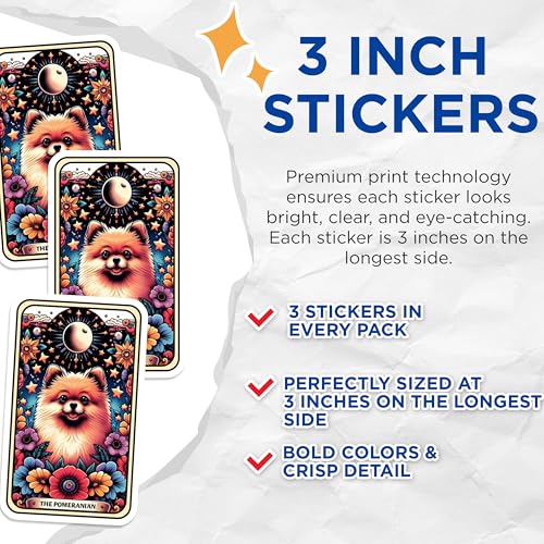 (3 Pack) Pomeranian Dog Decals - Celestial Flowers Stickers - Tarot Card Animal Stickers - 3 Inches On Longest Side - Easy Peel & Apply - Made in USA - 3MCS4033