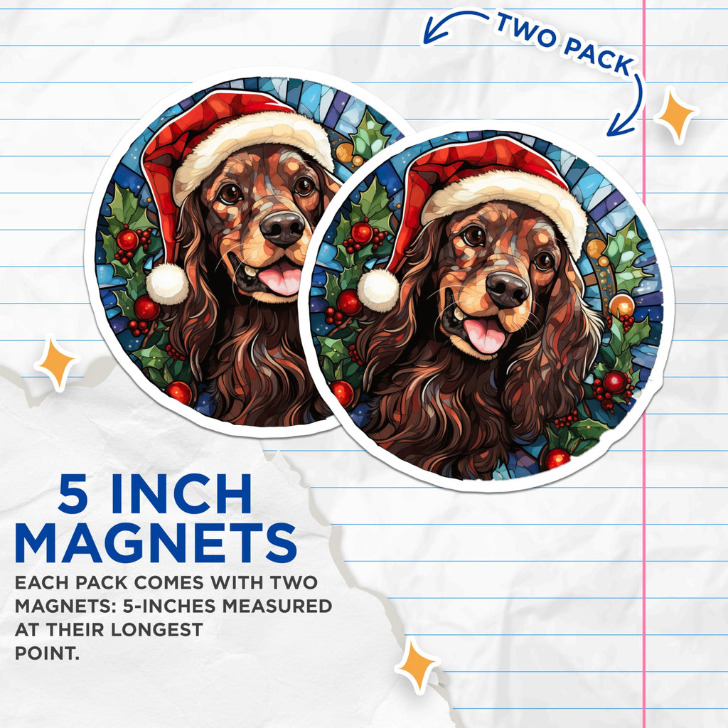 (2 Pack) Stained Glass Christmas Dog Magnets - Holiday Spaniel Decor - Festive Pet Fridge Art - 5 Inches On Longest Side - Thick Durable Magnet - Made in USA - MAG25754