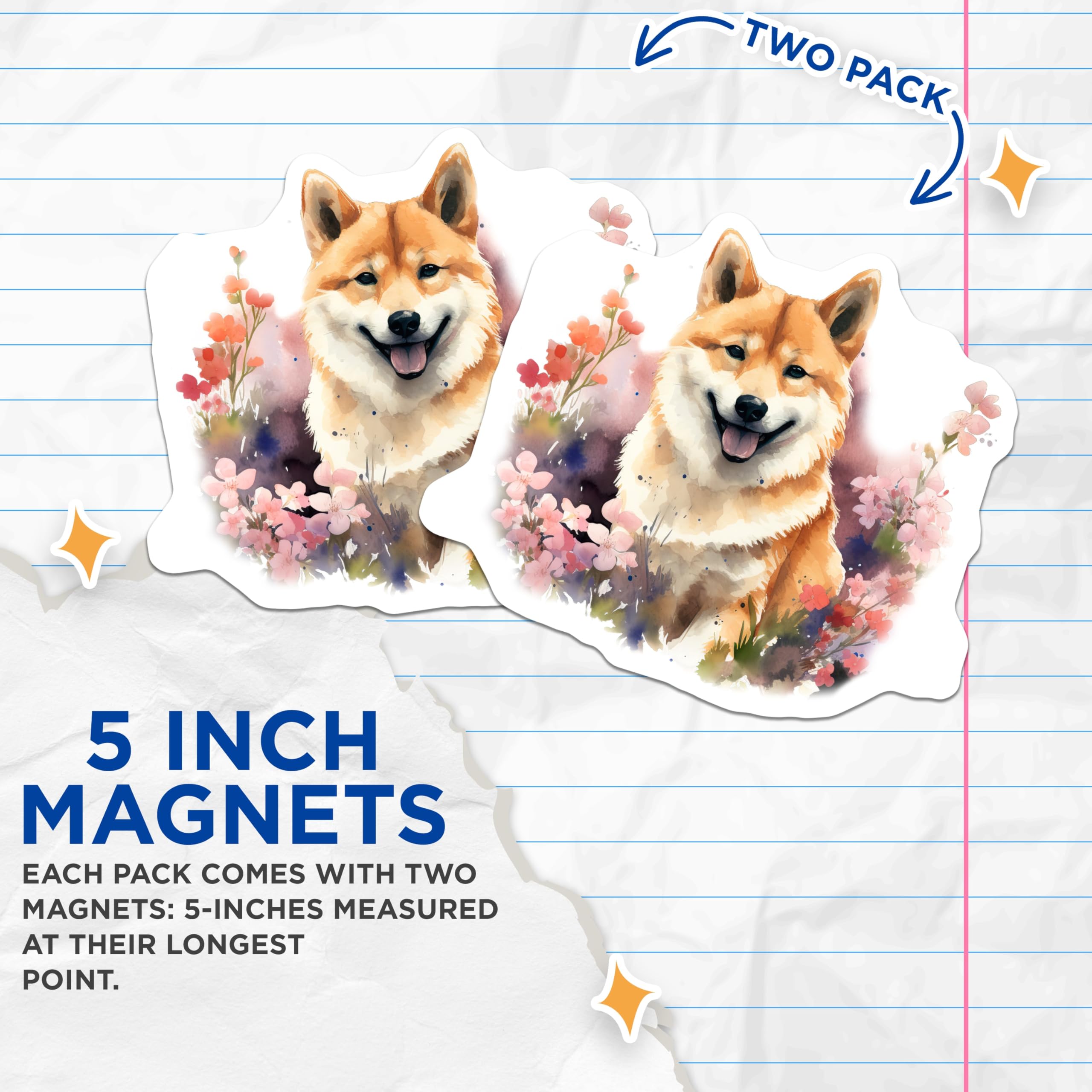 (2 Pack) Shiba Inu Magnets - Watercolor Dog Art - Cute Happy Animal Fridge Decor - Pet Owner Present - 5 Inches On Longest Side - Thick Durable Magnet - Made in USA - MAG30293