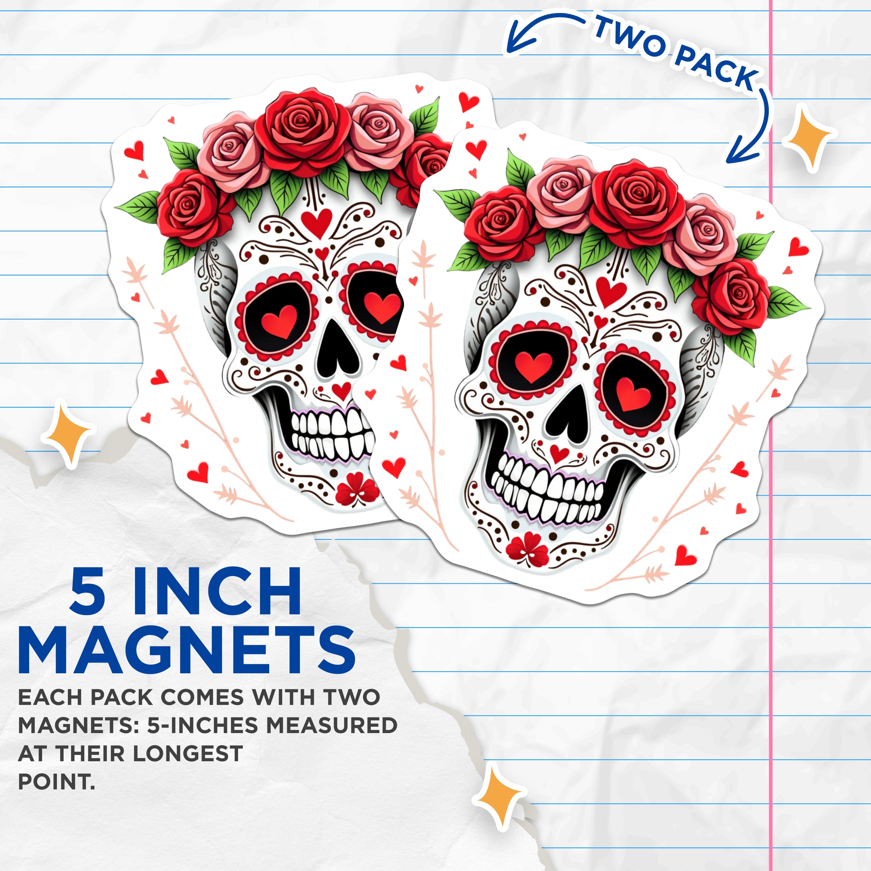 (2 Pack) Day of the Dead Magnets - Floral Sugar Skull Art - Romantic Calavera Decor - Sweet Goth Kitchen Style - 5 Inches On Longest Side - Thick Durable Magnet - Made in USA - MAG38259