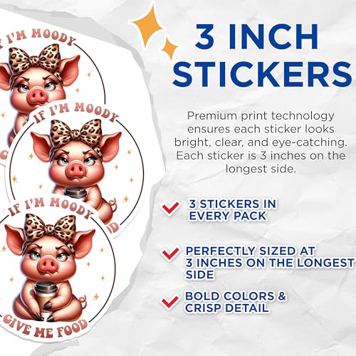(3 Pack) Moody Pig Decals - Food Lover - Funny Saying Decals - 3 Inches On Longest Side - Easy Peel & Apply - Made in USA - 3MCS6704