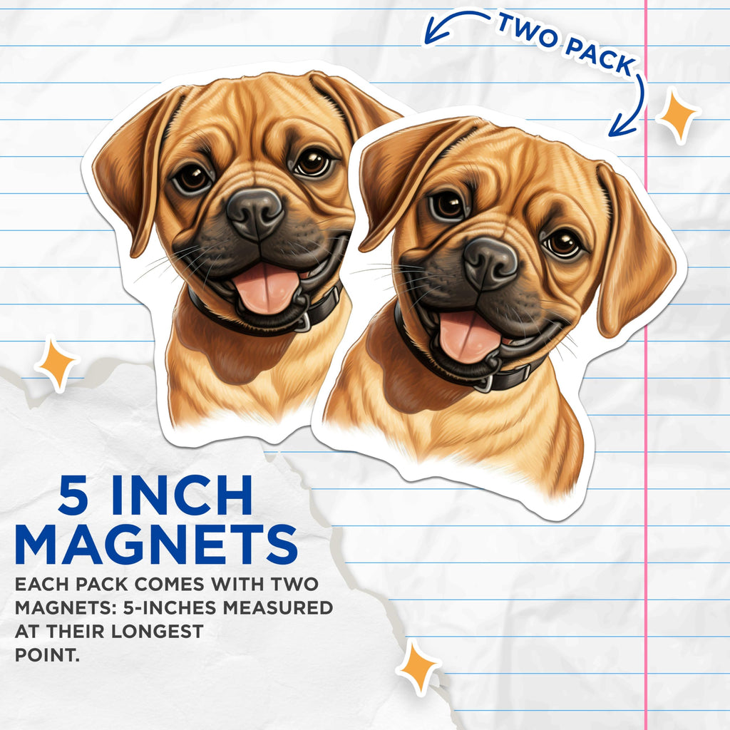 (2 Pack) Puggle Puppy Magnets - Happy Dog Refrigerator Magnet - Dog Mom Accessories for Fridge Locker Home Office - 5 Inches On Longest Side - Thick Durable Magnet - Made in USA - MAG26050