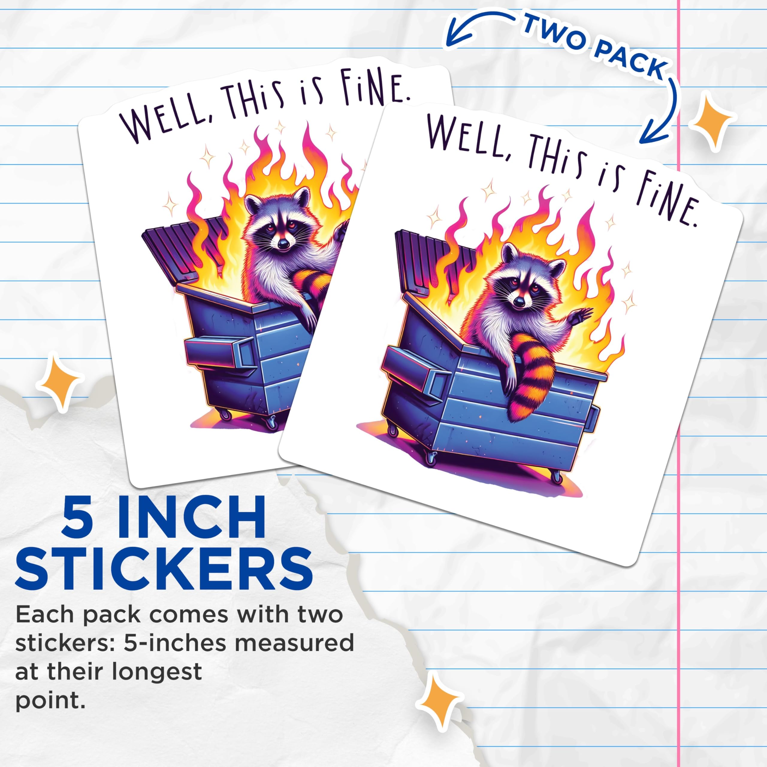 (2 Pack) This is Fine Raccoon Dumpster Fire Stickers - Funny Trash Panda Meme Stickers - Humorous Animal Decal - 5" On Longest Side - Sticks to Smooth Flat Surfaces - Made in USA - BMCS3739