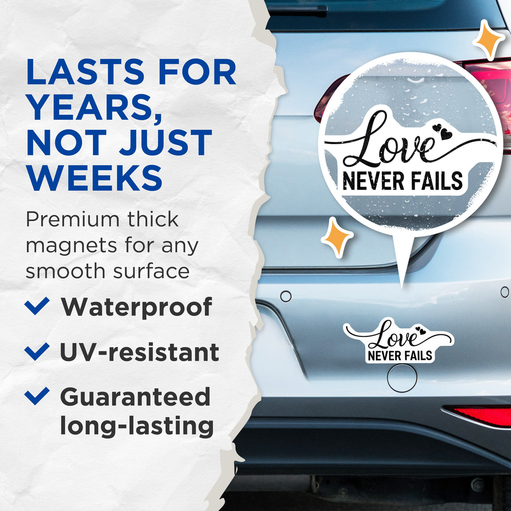 (2 Pack) Love Never Fails Magnets - Christian Quote Decor - Inspirational Kitchen Refrigerator Art - Faith Based Scripture - 5 Inches On Longest Side - Thick Durable Magnet - Made in USA - MAG39295