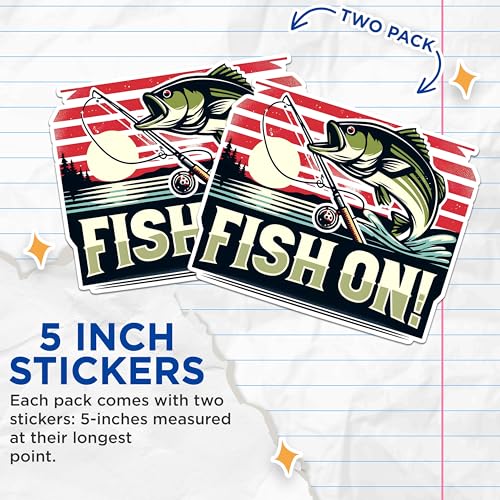 (2 Pack) Fish On Stickers - Fishing Enthusiast Stickers - Sportfishing Vinyl Decals - 5" On Longest Side - Sticks to Any Smooth Flat Surface - Made in USA - BMCS2613