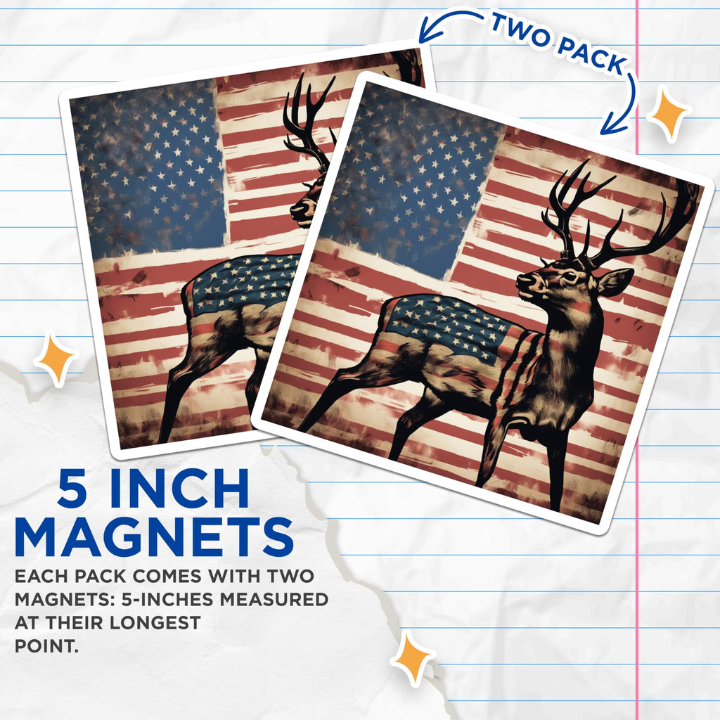(2 Pack) American Flag Deer Magnets - Patriotic USA Wildlife Decor - Rustic Hunter Kitchen Art - 5 Inches On Longest Side - Thick Durable Magnet - Made in USA - MAG19800