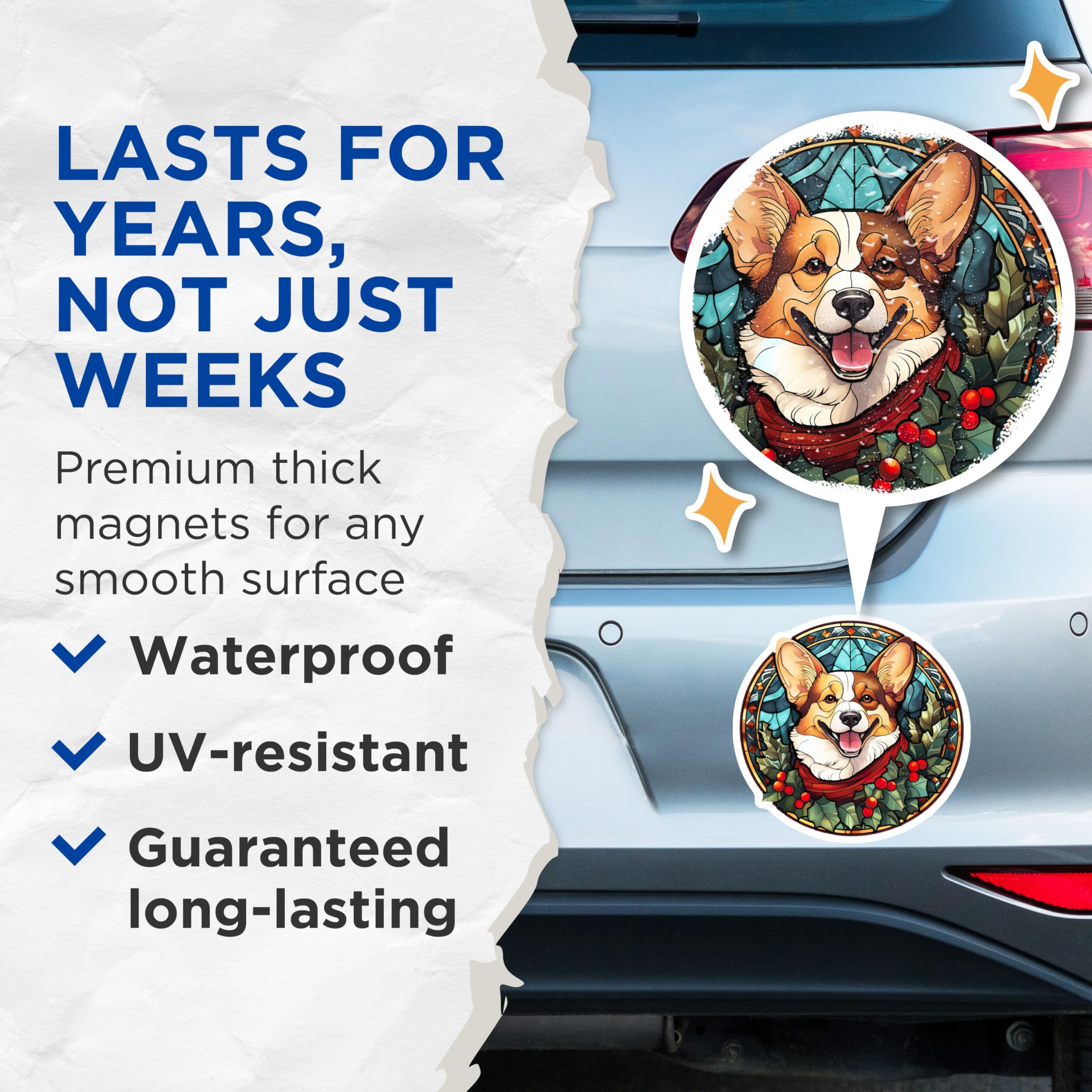 (2 Pack) Corgi Dog Magnets - Stained Glass Christmas Art - Festive Pet Home Decor - Happy Winter Holiday Animal Lover - 5 Inches On Longest Side - Thick Durable Magnet - Made in USA - MAG24371