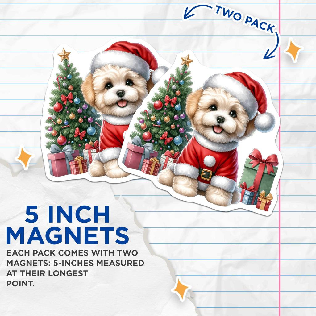 (2 Pack) Christmas Puppy Magnets - Santa Dog Holiday Decor - Cute Pet Refrigerator Accessory - 5 Inches On Longest Side - Thick Durable Magnet - Made in USA - MAG25116