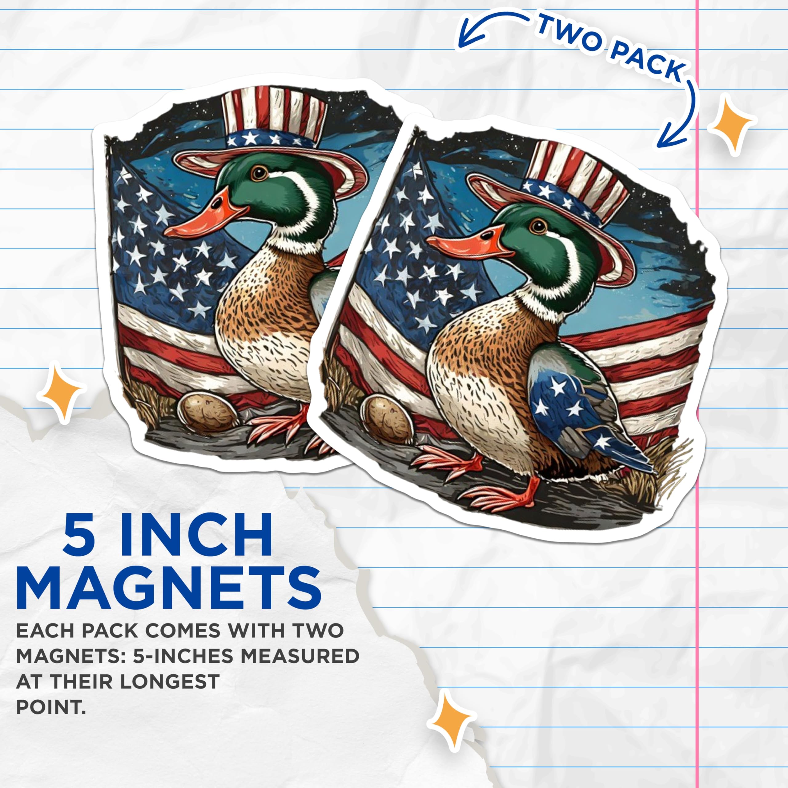 (2 Pack) Patriotic Duck Magnets - Uncle Sam Hat American Flag Design - Independence Day Refrigerator Decor - USA Themed - 5 Inches On Longest Side - Thick Durable Magnet - Made in USA - MAG21623