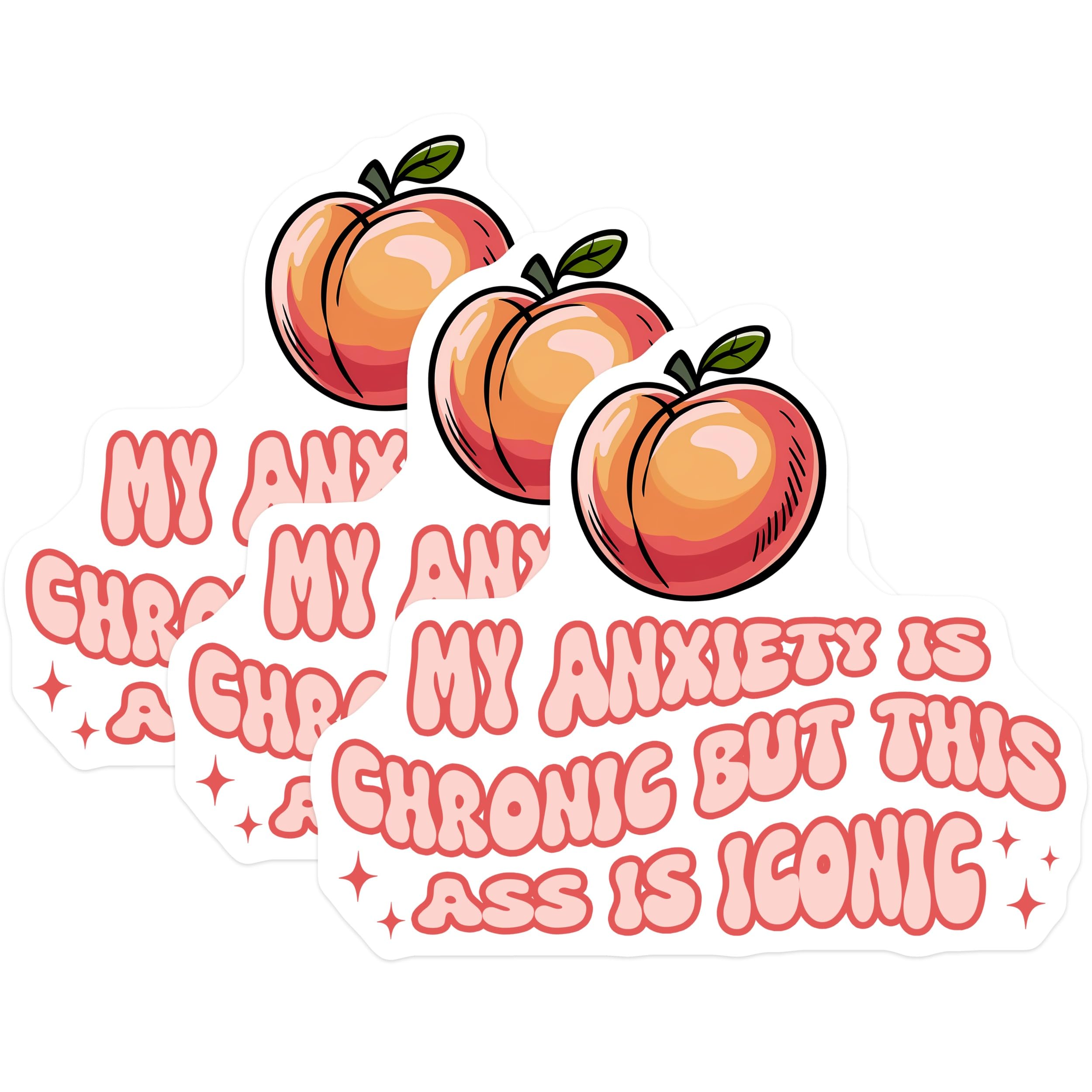 (3 Pack) Anxiety Chronic Iconic Decals - Peach Butt - Funny Laptop Decal - 3 Inches On Longest Side - Easy Peel & Apply - Made in USA - 3MCS6436