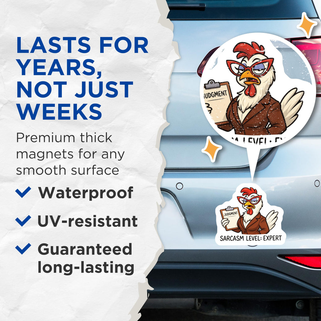 (2 Pack) Sarcastic Chicken Magnets - Judgment Rooster Refrigerator Decor - Funny Hen Attitude Kitchen Humor - 5 Inches On Longest Side - Thick Durable Magnet - Made in USA - MAG23219