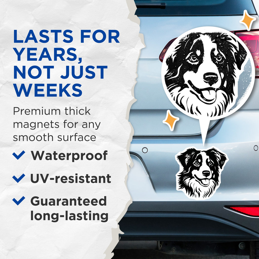 (2 Pack) Australian Shepherd Magnets - Aussie Dog Breed Art - Pet Owner Refrigerator Decor - Animal Lover Canine Merch - 5 Inches On Longest Side - Thick Durable Magnet - Made in USA - MAG36604