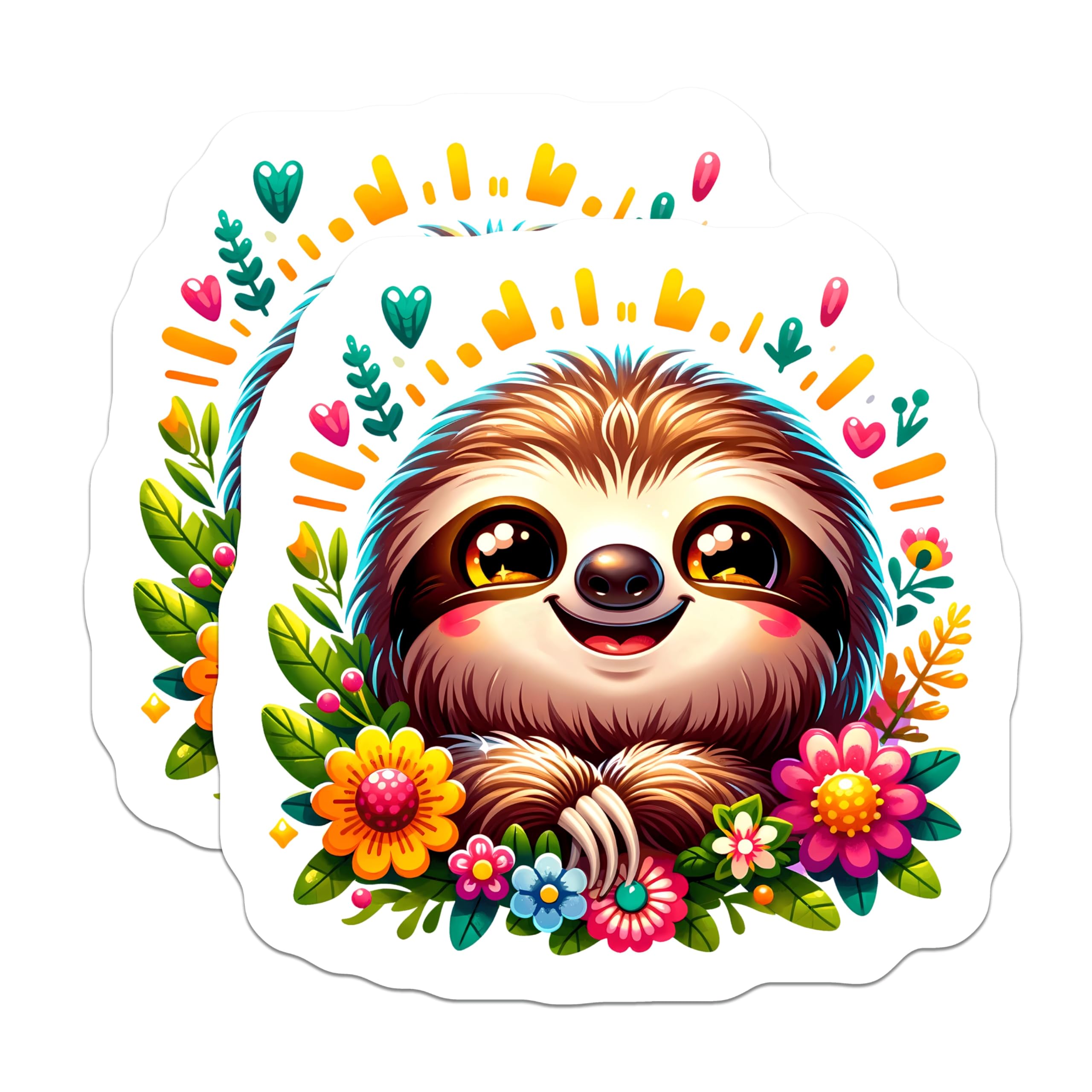 (2 Pack) Adorable Sloth Magnets - Kawaii Animal Art - Happy Floral Design - 5 Inches On Longest Side - Thick Durable Magnet - Made in USA - MAG22997