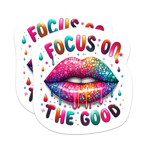 (2 Packs) Focus On The Good Stickers - Juicy Dripping Lips Inspirational Motivating Decals - 5 Inches On Longest Side - Premium Vinyl Decal - Sticks To Any Smooth Flat Surface - Made In USA - BMCS2298
