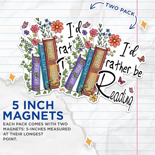 (2 Pack) I'd Rather Be Reading Magnets - Book Lover Magnets - Decorative Reading Magnets- 5" On Longest Side - for Fridges, Toolboxes, Cars - Made in USA - MAG2918