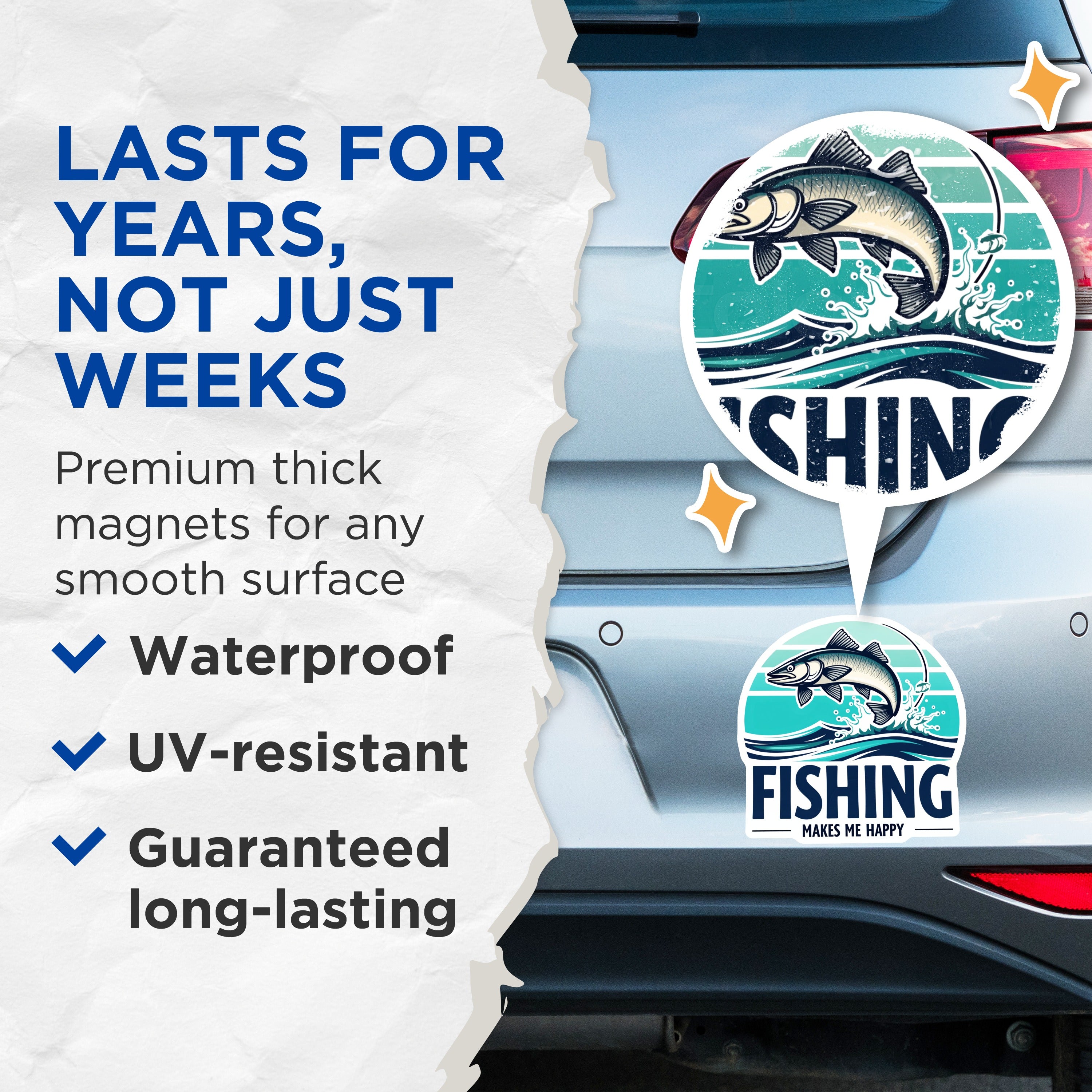 (2 Pack) Fishing Makes Me Happy Magnets - Angler Refrigerator Decor - Outdoorsman Fridge Magnets - Lake House - 5 Inches On Longest Side - Thick Durable Magnet - Made in USA - MAG39478