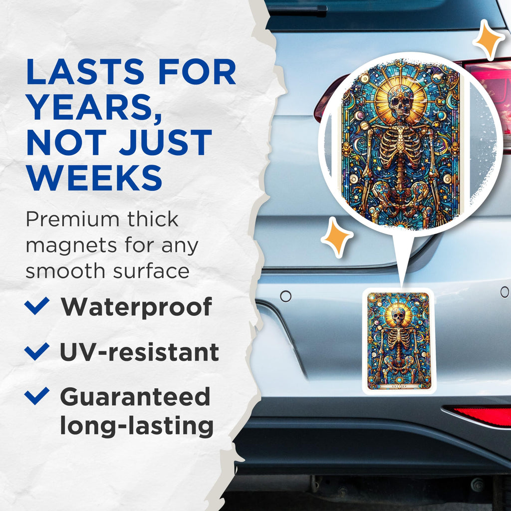 (2 Pack) Vibrant Stained Glass Skeleton Magnets - Intricate Cosmic Skull Art Decor - Celestial Mystic Refrigerator Magnets - 5 Inches On Longest Side - Thick Durable Magnet - Made in USA - MAG22473