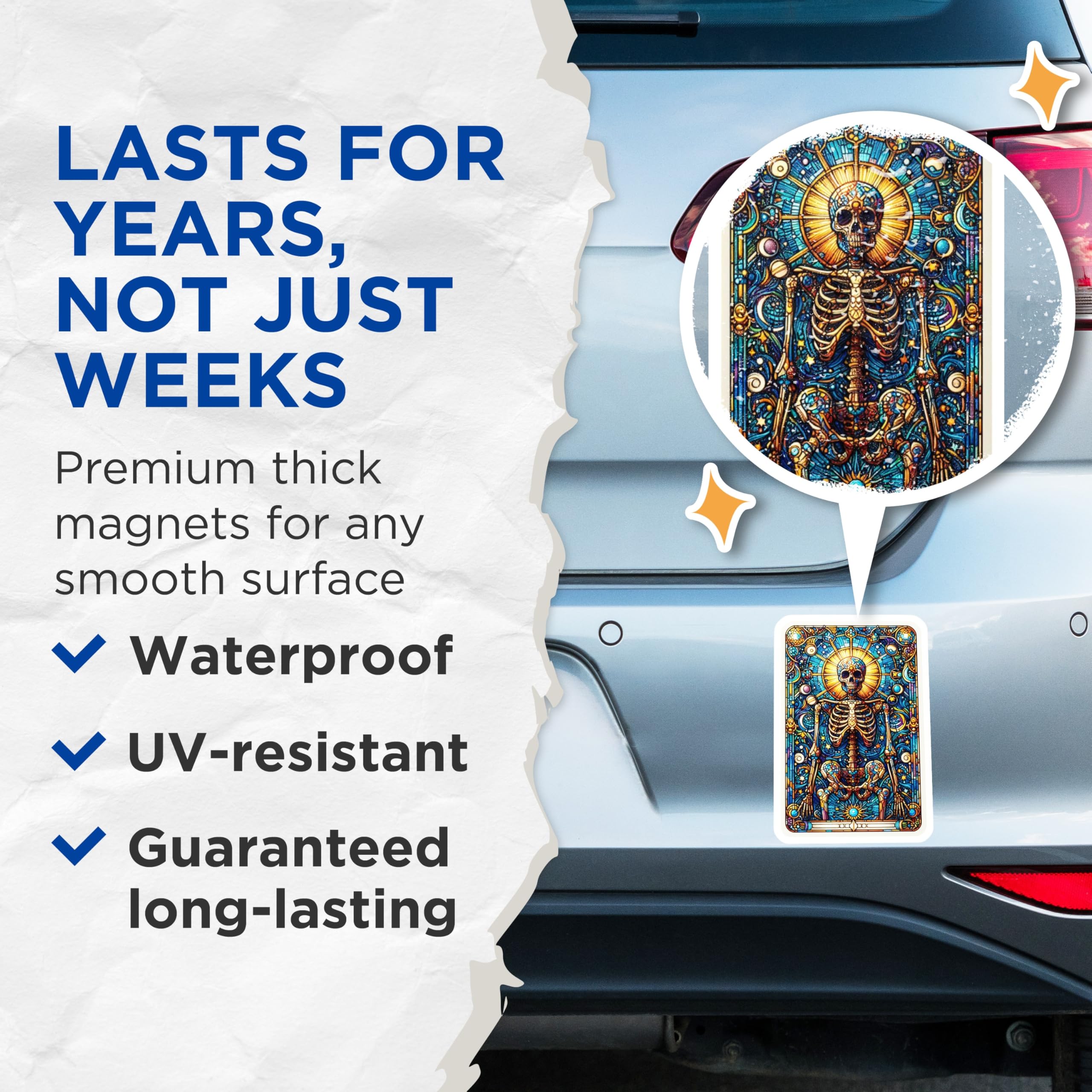 (2 Pack) Vibrant Stained Glass Skeleton Magnets - Intricate Cosmic Skull Art Decor - Celestial Mystic Refrigerator Magnets - 5 Inches On Longest Side - Thick Durable Magnet - Made in USA - MAG22473
