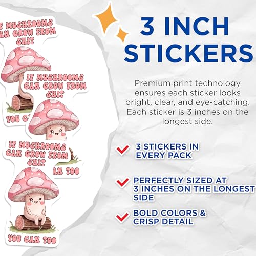 (3 Pack) Mushroom Decals - Motivational Quote Stickers - Laptop Decals - Positive Affirmation - 3 Inches On Longest Side - Easy Peel & Apply - Made in USA - 3MCS2084