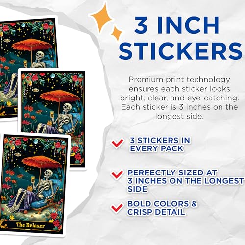 (3 Pack) Relaxer Decals - Skeleton Art - Summer Skeleton Decals - 3 Inches On Longest Side - Easy Peel & Apply - Made in USA - 3MCS0017