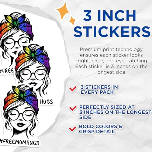 (3 Pack) Free Mom Hugs Decals - Pride Month - LGBTQ Decals - 3 Inches On Longest Side - Easy Peel & Apply - Made in USA - 3MCS7048