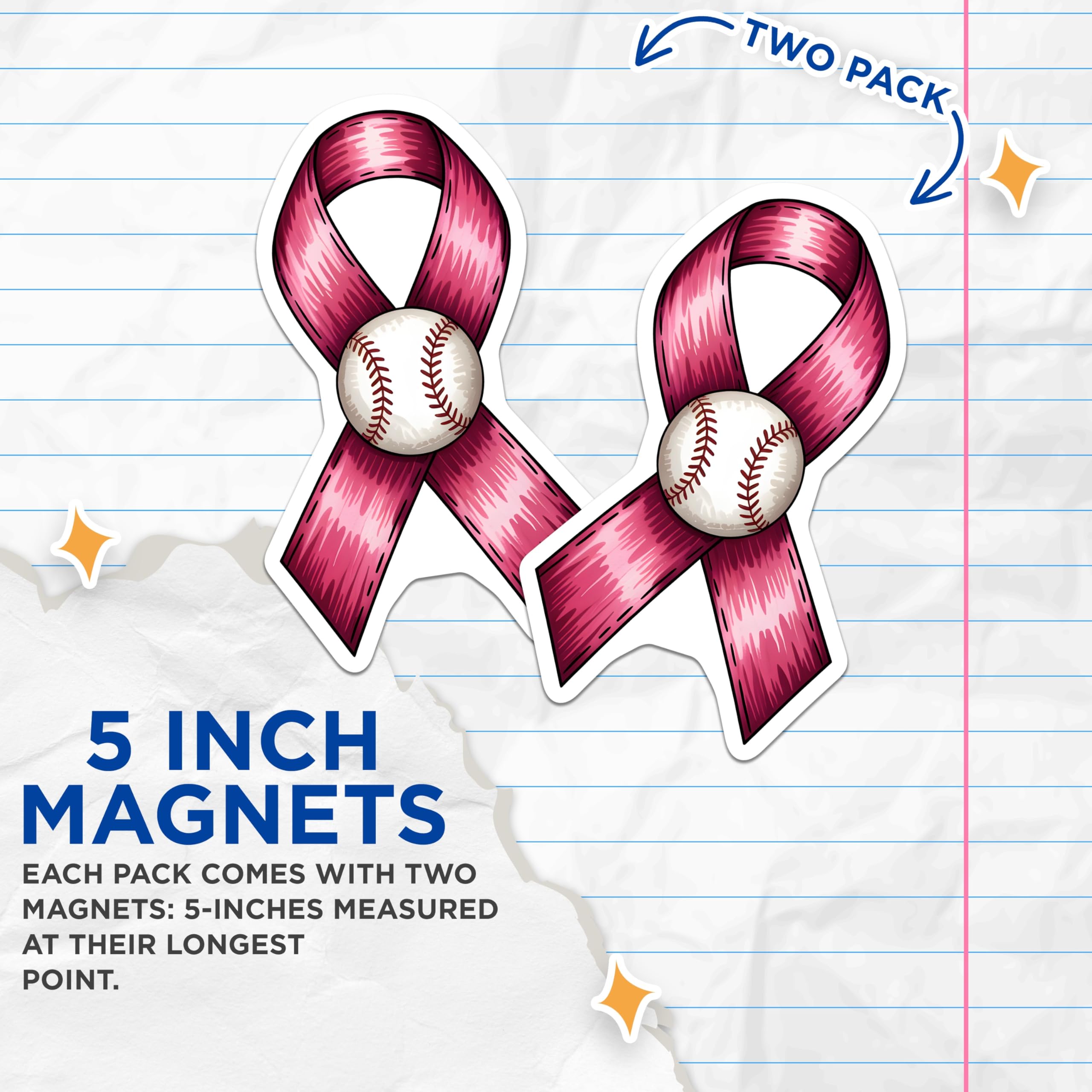 (2 Pack) Pink Ribbon Baseball Magnets - Breast Cancer Awareness Support - Baseball Fan Advocacy - Fight Cancer Journey Hope - 5 Inches On Longest Side - Thick Durable Magnet - Made in USA - MAG24634