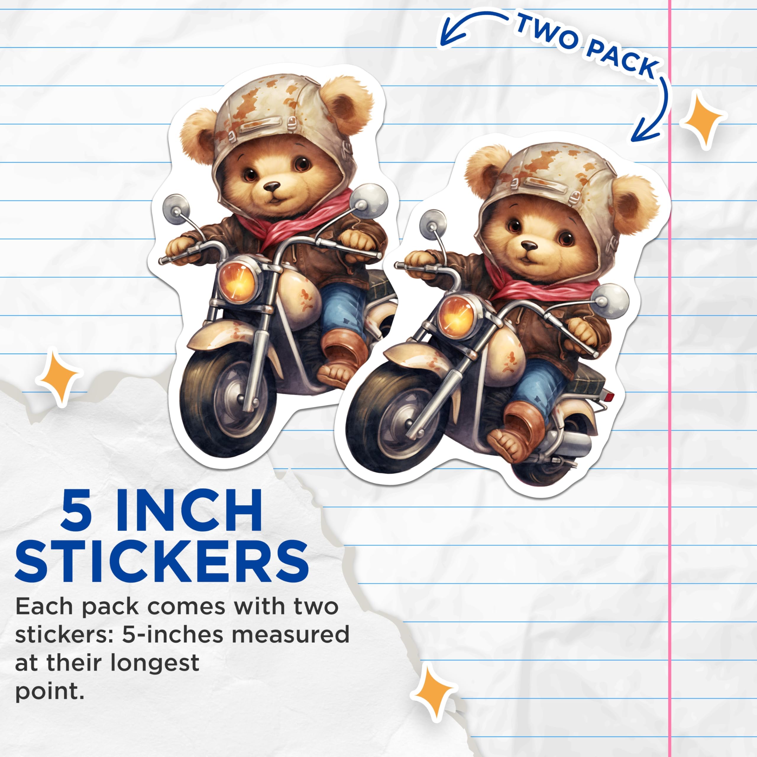 (2 Pack) Motor Bear Stickers - Motorcycle Rider Stickers - Cool Stickers- 5" On Longest Side - Sticks to Smooth Flat Surfaces - Made in USA - BMCS16901
