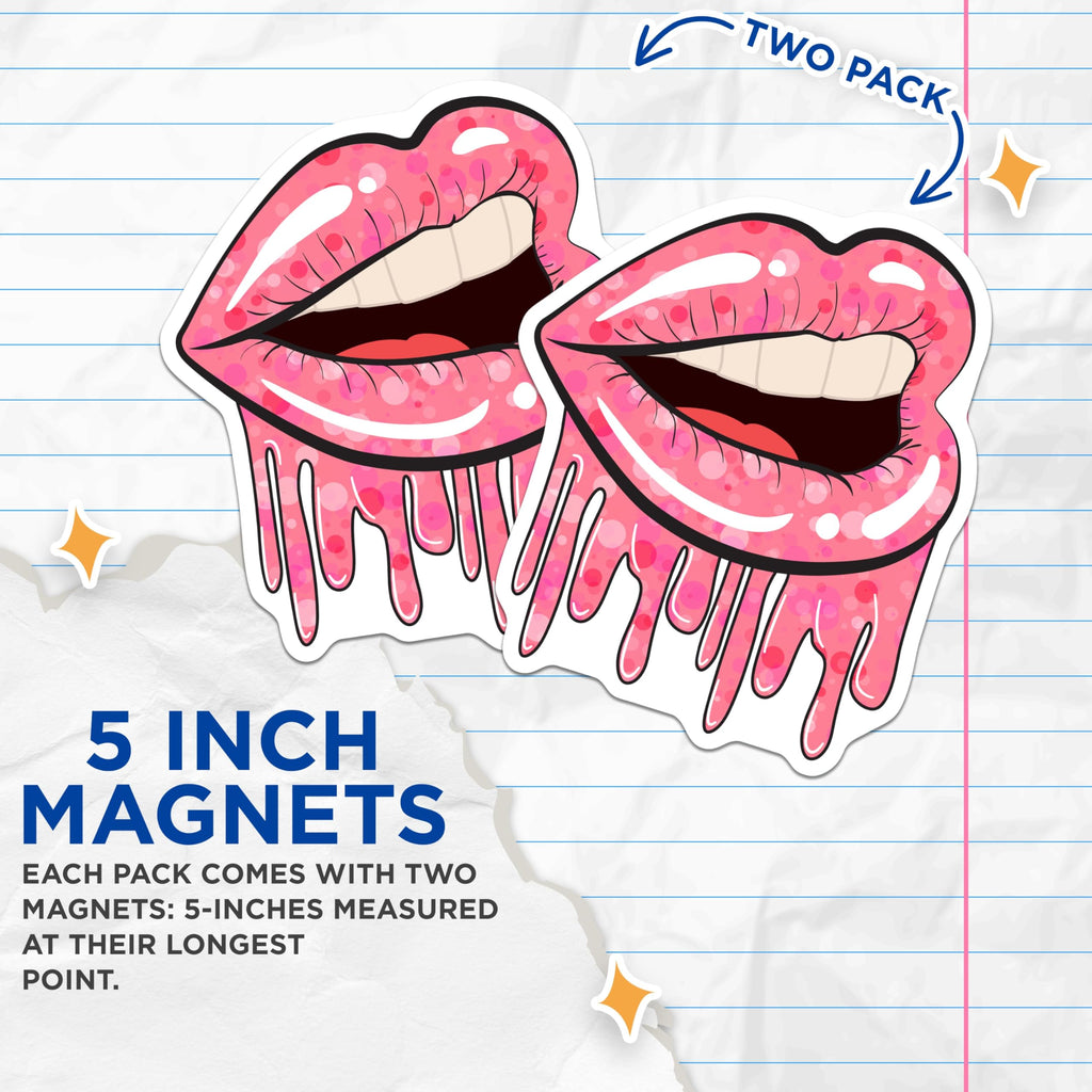 (2 Pack) Dripping Pink Lips Magnets - Pop Art Bubble Aesthetic - Trendy Refrigerator Locker Decor - Funky Kitchen Accent - 5 Inches On Longest Side - Thick Durable Magnet - Made in USA - MAG21345