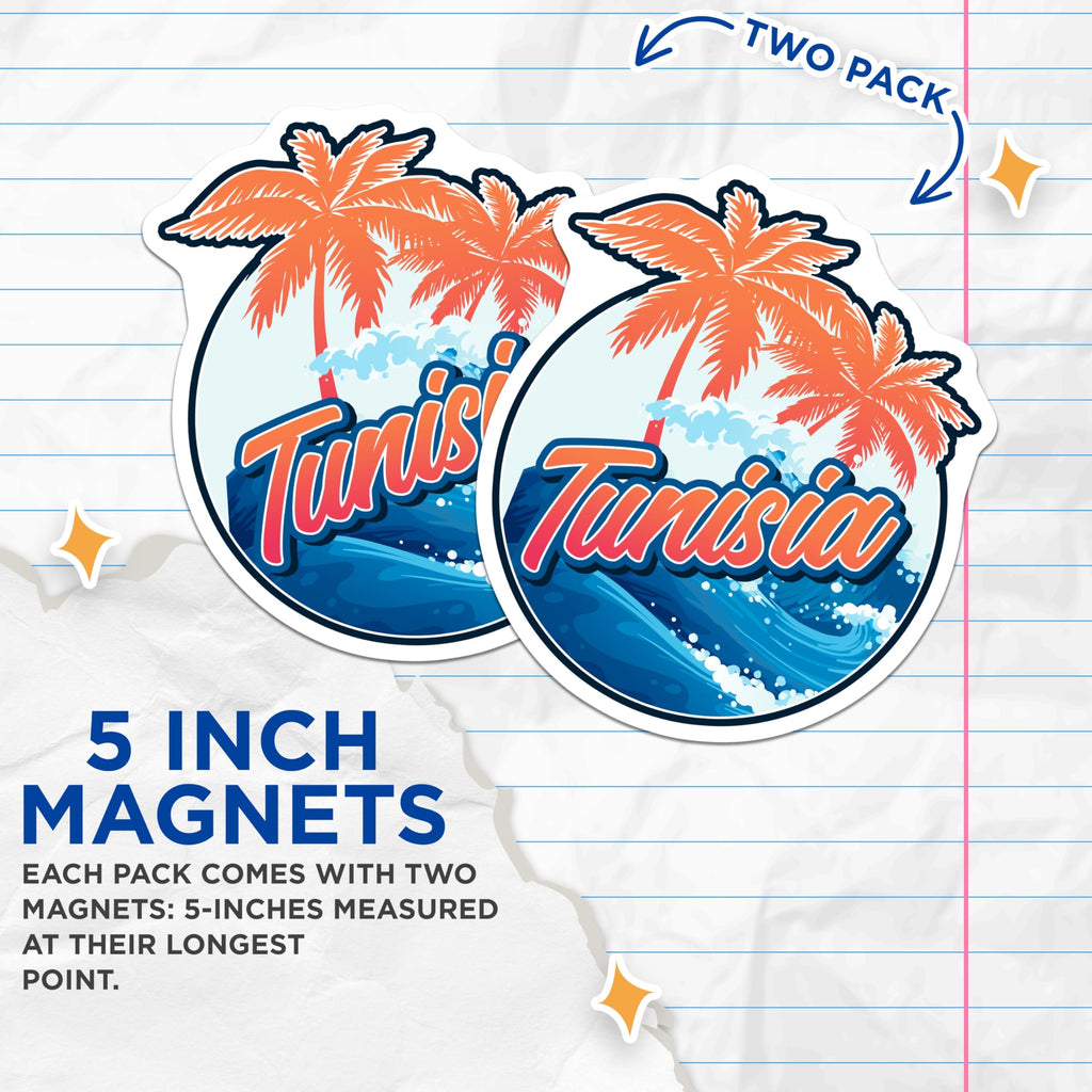 (2 Pack) Tunisia Magnets - Travel Souvenir - Tropical Beach Vacation Magnets - 5" On Longest Side - Premium Magnet - for Cars, Refrigerators, Toolboxes, Lockers - Made in USA - MAG18823