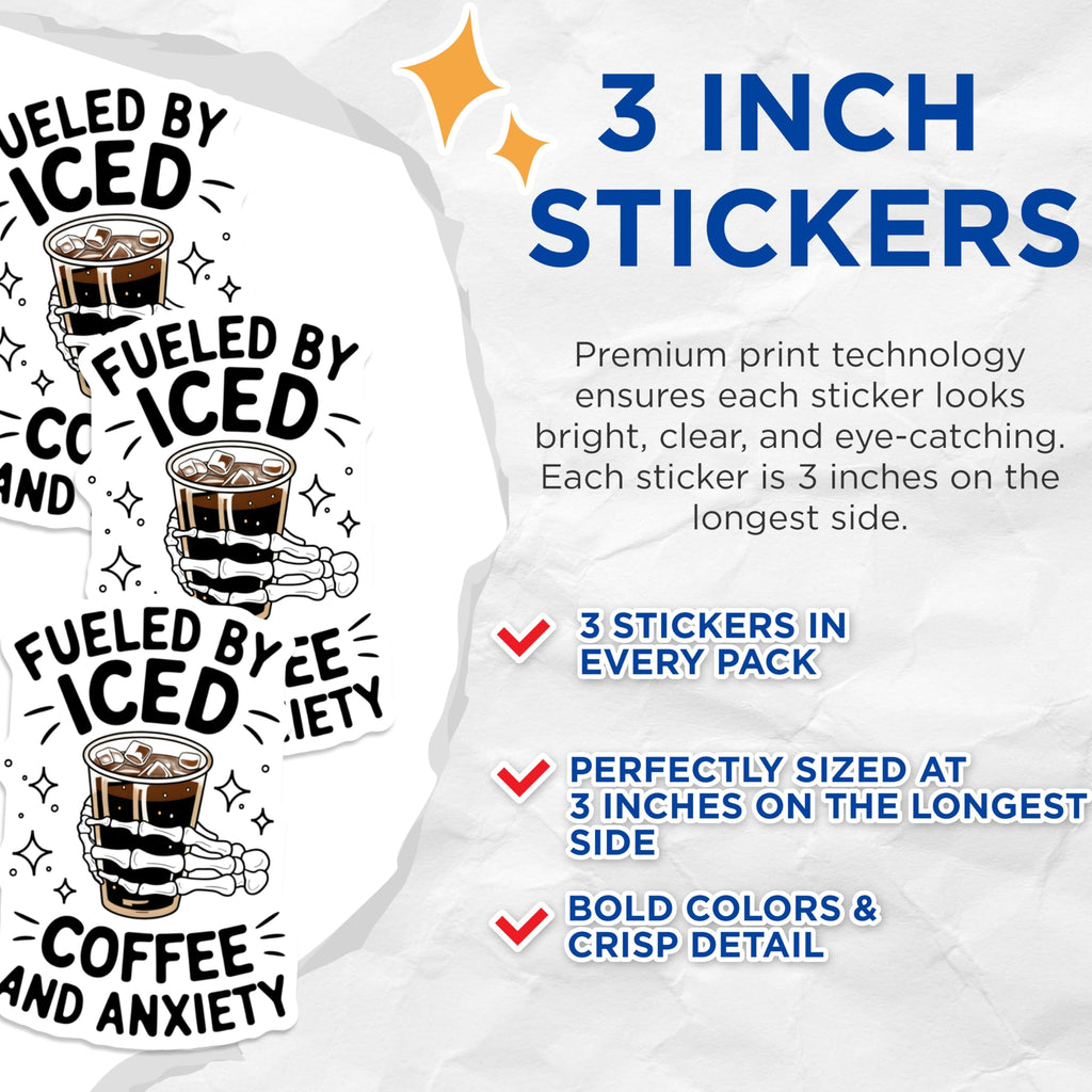 (3 Pack) Iced Coffee Decals - Anxiety Fuel - Skeleton Hand Drink Decal - 3 Inches On Longest Side - Easy Peel & Apply - Made in USA - 3MCS2406