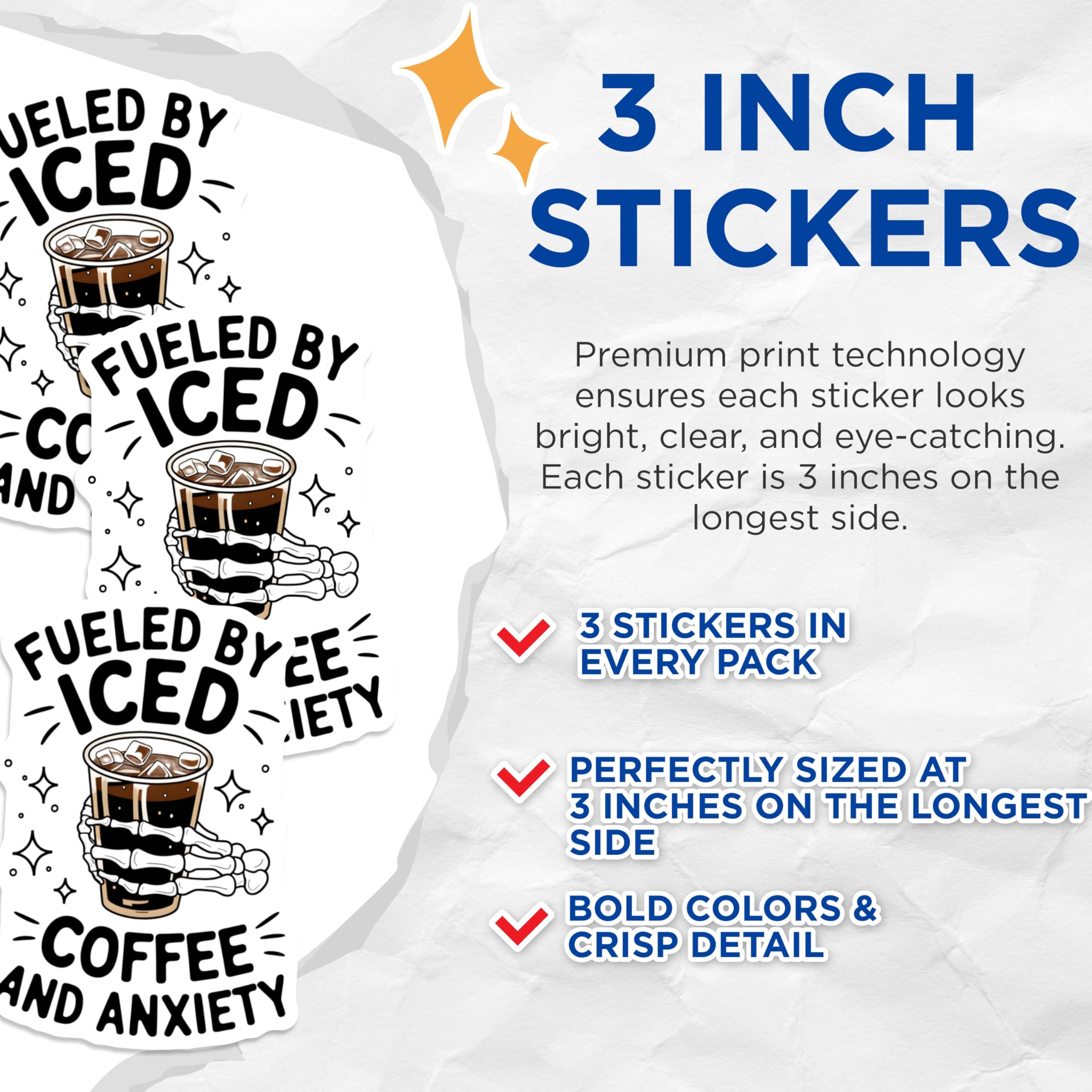 (3 Pack) Iced Coffee Decals - Anxiety Fuel - Skeleton Hand Drink Decal - 3 Inches On Longest Side - Easy Peel & Apply - Made in USA - 3MCS2406