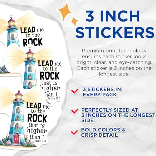 (3 Pack) Lighthouse Decals - Psalm 61:2 - Christian Decals - 3 Inches On Longest Side - Easy Peel & Apply - Made in USA - 3MCS6856