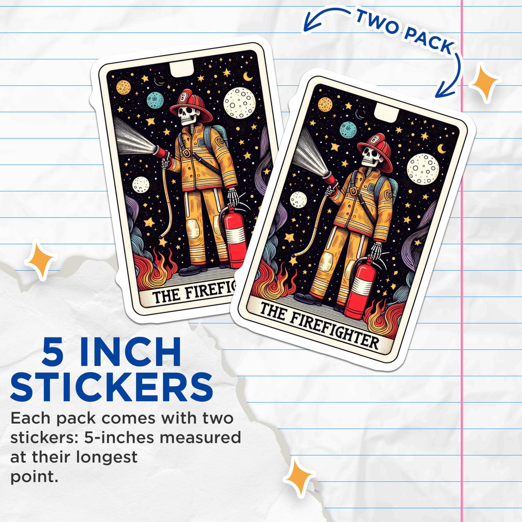 (2 Pack) Firefighter Stickers - Skeleton Firefighter Art - Firefighting Decals - Space Firefighter Sticker Design - 5" On Longest Side - Sticks to Smooth Flat Surfaces - Made in USA - BMCS5409