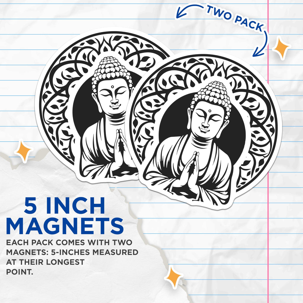 (2 Pack) Buddha Magnets - Meditation Decor - Spiritual Zen Art - Yoga Studio Fridge Decor - Mindfulness Symbol - 5 Inches On Longest Side - Thick Durable Magnet - Made in USA - MAG20619