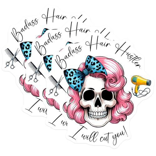 (3 Pack) Hair Hustler Decals - Badass Barber Skull - Hairdresser Tools Stickers - 3 Inches On Longest Side - Easy Peel & Apply - Made in USA - 3MCS6336