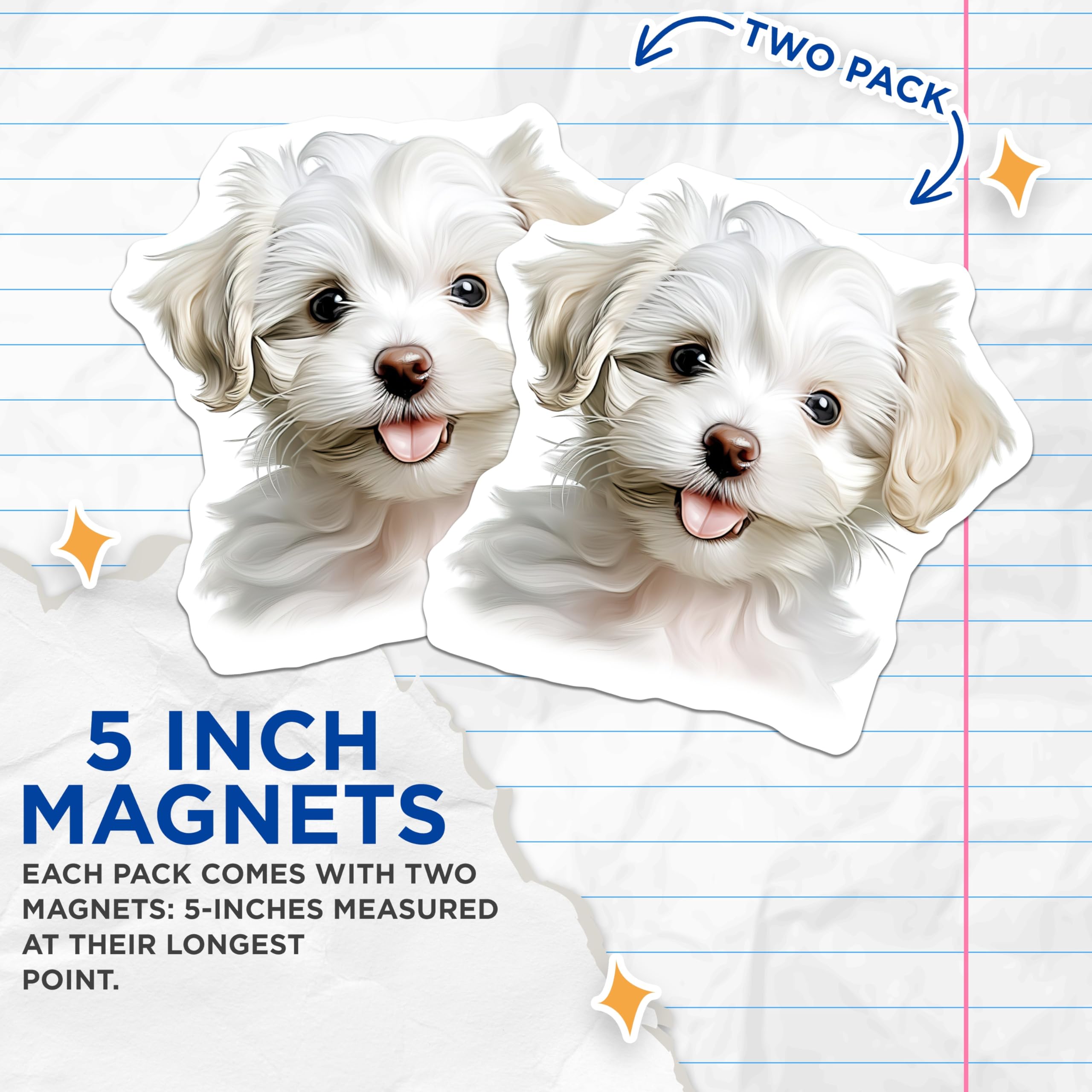 (2 Pack) Maltese Puppy Magnets - Cute Fluffy Dog Lover Decor - Charming Pet Refrigerator Locker Accent - 5 Inches On Longest Side - Thick Durable Magnet - Made in USA - MAG24481