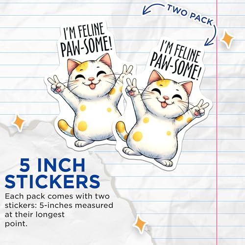 (2 Pack) Cute Cat Stickers - Positive Message Stickers - I'm Feline Paw-Some Stickers - 5" On Longest Side - Sticks to Any Smooth Flat Surface - Made in USA - BMCS3133