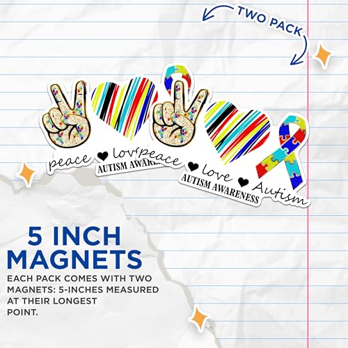(2 Pack) Peace Love Autism Magnets - Awareness Ribbon Magnets - Heart Magnets for Autism Awareness- 5" On Longest Side - for Fridges, Toolboxes, Cars - Made in USA - MAG2847